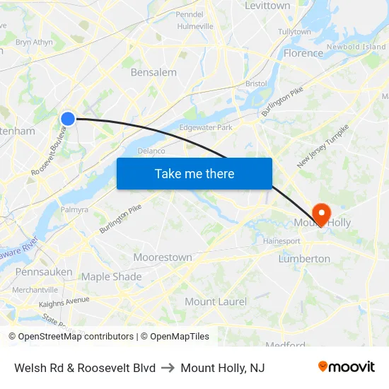 Welsh Rd & Roosevelt Blvd to Mount Holly, NJ map
