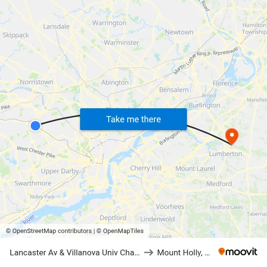 Lancaster Av & Villanova Univ Chapl to Mount Holly, NJ map