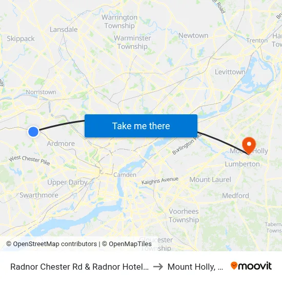 Radnor Chester Rd & Radnor Hotel Dr to Mount Holly, NJ map