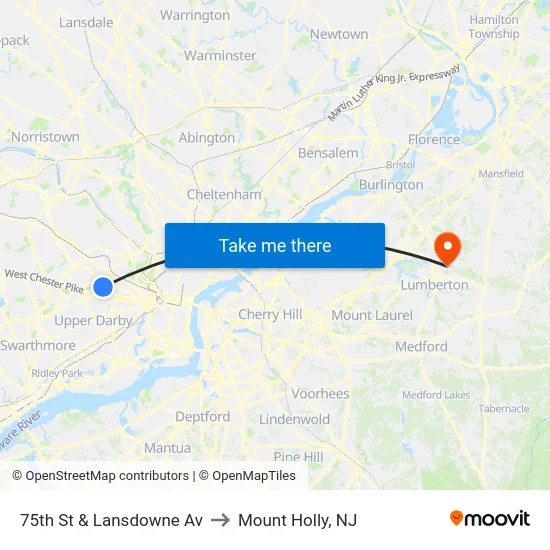75th St & Lansdowne Av to Mount Holly, NJ map