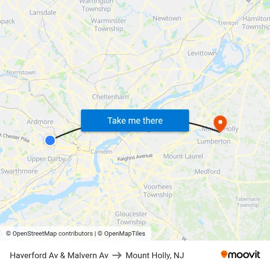Haverford Av & Malvern Av to Mount Holly, NJ map