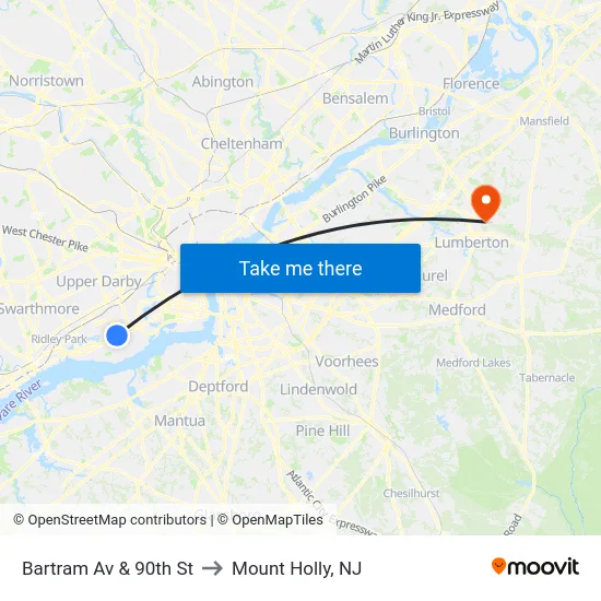 Bartram Av & 90th St to Mount Holly, NJ map