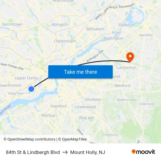 84th St & Lindbergh Blvd to Mount Holly, NJ map