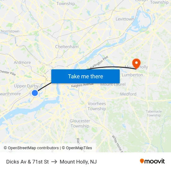 Dicks Av & 71st St to Mount Holly, NJ map