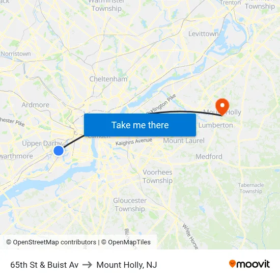65th St & Buist Av to Mount Holly, NJ map