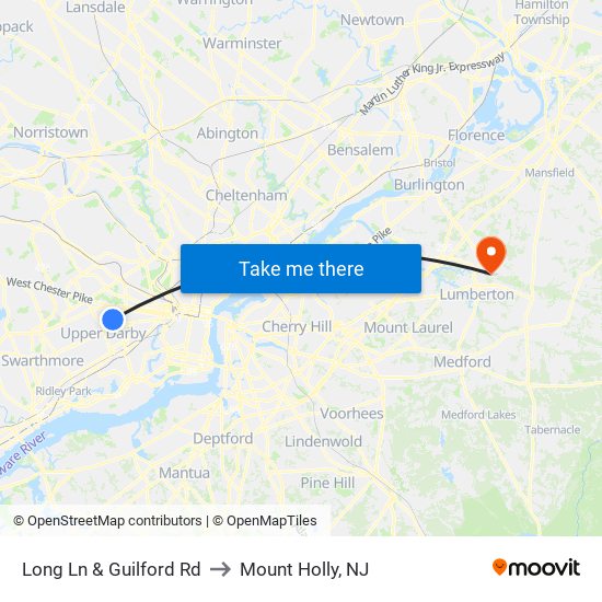 Long Ln & Guilford Rd to Mount Holly, NJ map