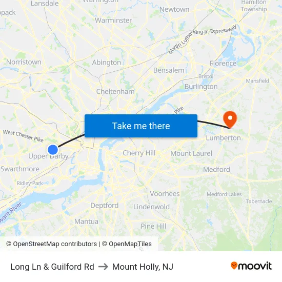 Long Ln & Guilford Rd to Mount Holly, NJ map
