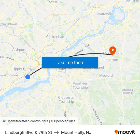 Lindbergh Blvd & 79th St to Mount Holly, NJ map