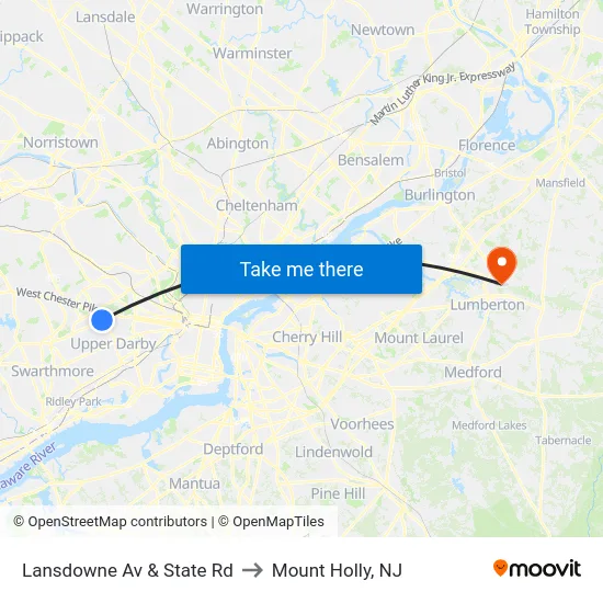 Lansdowne Av & State Rd to Mount Holly, NJ map