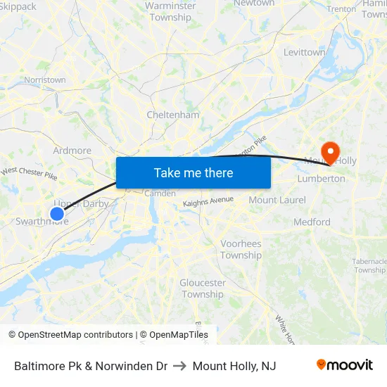 Baltimore Pk & Norwinden Dr to Mount Holly, NJ map