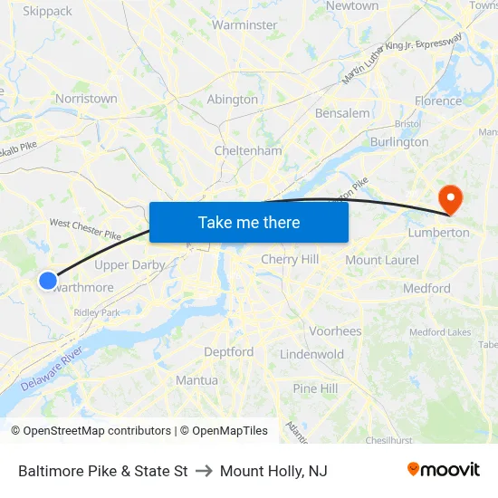 Baltimore Pike & State St to Mount Holly, NJ map