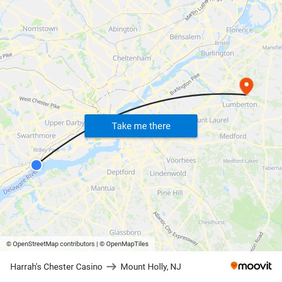 Harrah's Chester Casino to Mount Holly, NJ map