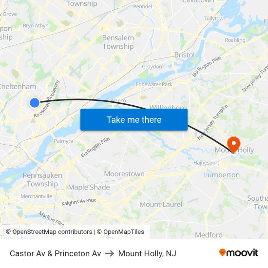 Castor Av & Princeton Av to Mount Holly, NJ map