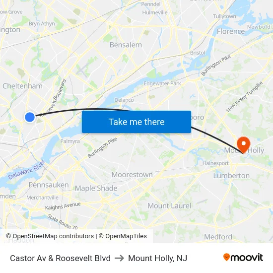 Castor Av & Roosevelt Blvd to Mount Holly, NJ map