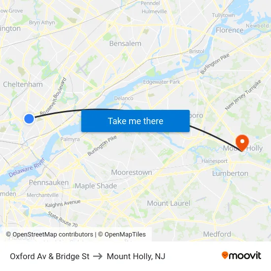 Oxford Av & Bridge St to Mount Holly, NJ map