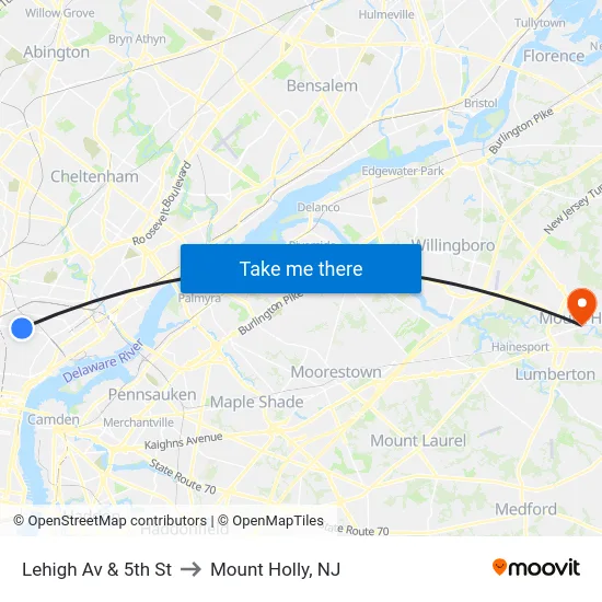 Lehigh Av & 5th St to Mount Holly, NJ map