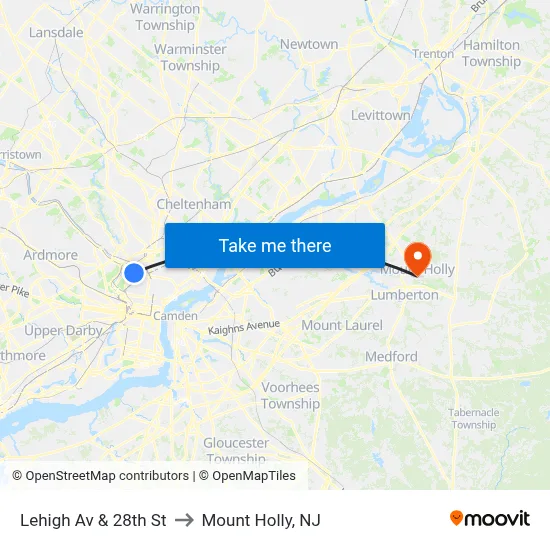 Lehigh Av & 28th St to Mount Holly, NJ map