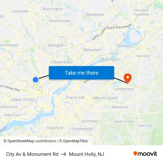 City Av & Monument Rd to Mount Holly, NJ map