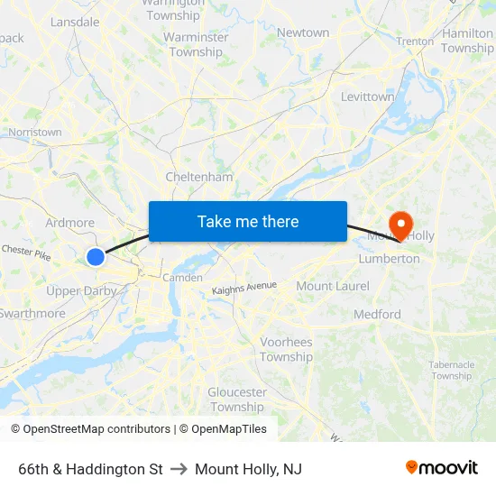 66th & Haddington St to Mount Holly, NJ map