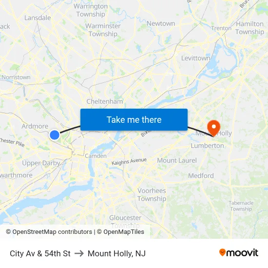 City Av & 54th St to Mount Holly, NJ map