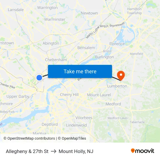 Allegheny & 27th St to Mount Holly, NJ map