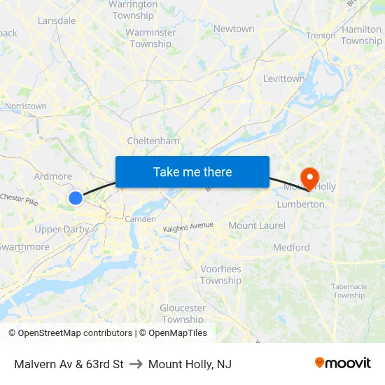 Malvern Av & 63rd St to Mount Holly, NJ map