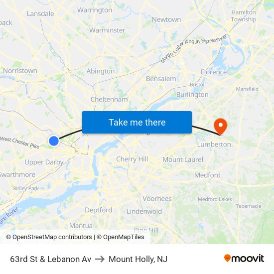 63rd St & Lebanon Av to Mount Holly, NJ map
