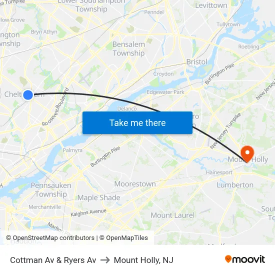 Cottman Av & Ryers Av to Mount Holly, NJ map