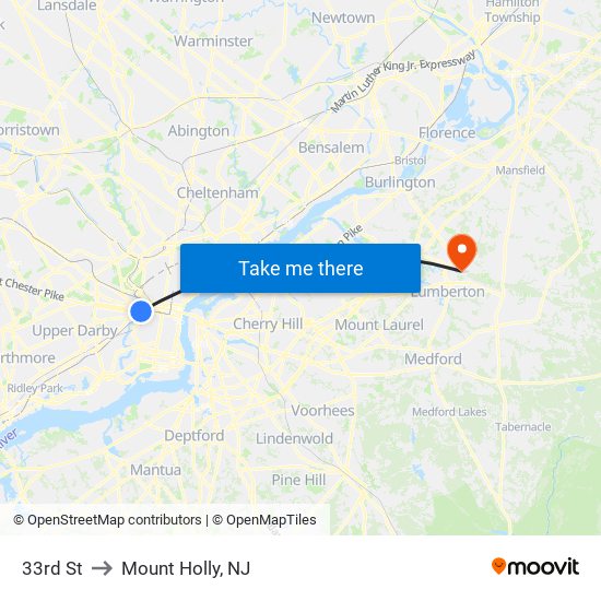 33rd St to Mount Holly, NJ map