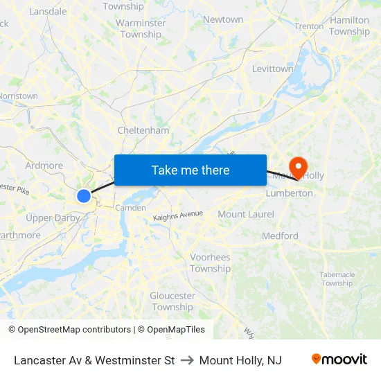 Lancaster Av & Westminster St to Mount Holly, NJ map