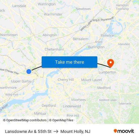 Lansdowne Av & 55th St to Mount Holly, NJ map