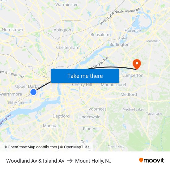 Woodland Av & Island Av to Mount Holly, NJ map