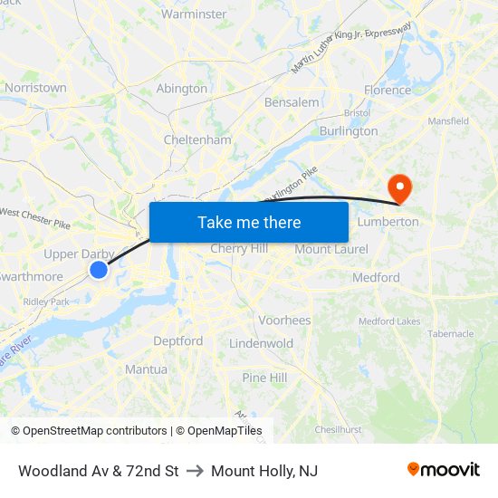 Woodland Av & 72nd St to Mount Holly, NJ map