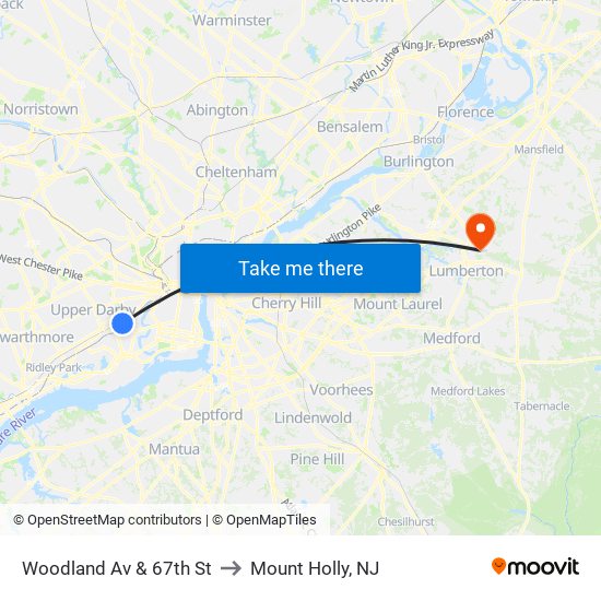 Woodland Av & 67th St to Mount Holly, NJ map