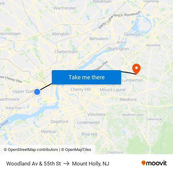 Woodland Av & 55th St to Mount Holly, NJ map
