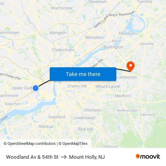 Woodland Av & 54th St to Mount Holly, NJ map