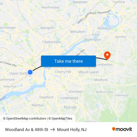 Woodland Av & 48th St to Mount Holly, NJ map
