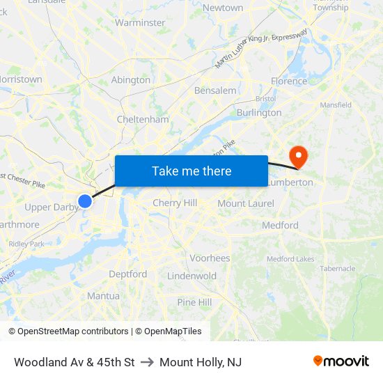 Woodland Av & 45th St to Mount Holly, NJ map