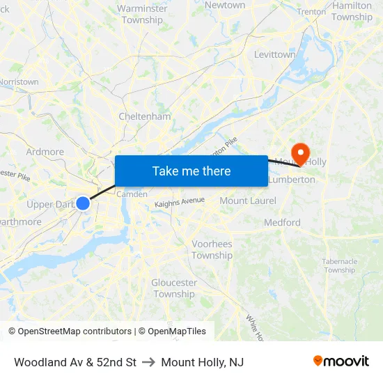 Woodland Av & 52nd St to Mount Holly, NJ map