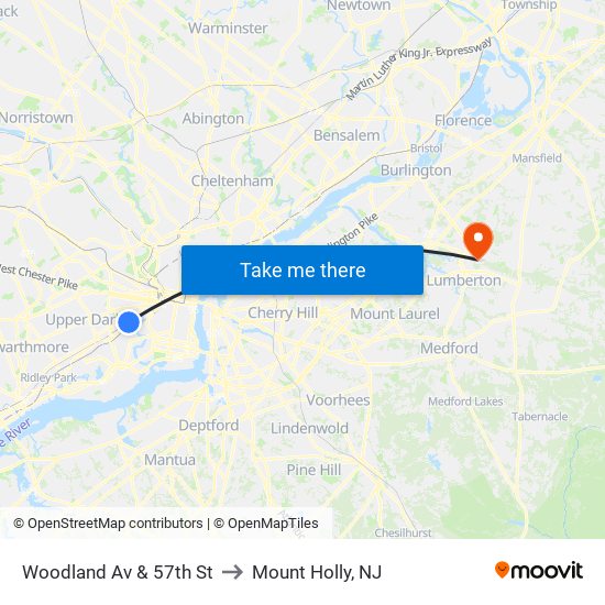 Woodland Av & 57th St to Mount Holly, NJ map