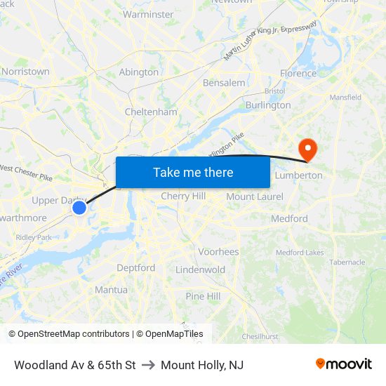 Woodland Av & 65th St to Mount Holly, NJ map