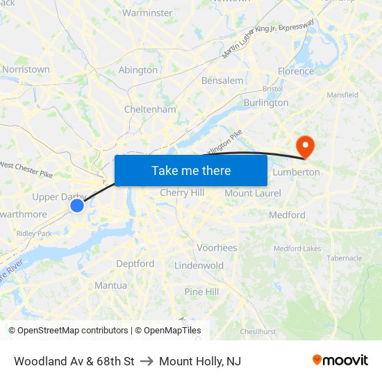 Woodland Av & 68th St to Mount Holly, NJ map