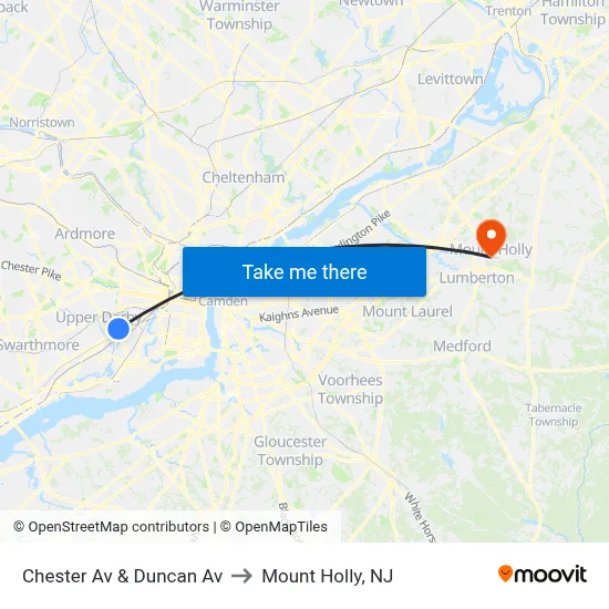 Chester Av & Duncan Av to Mount Holly, NJ map