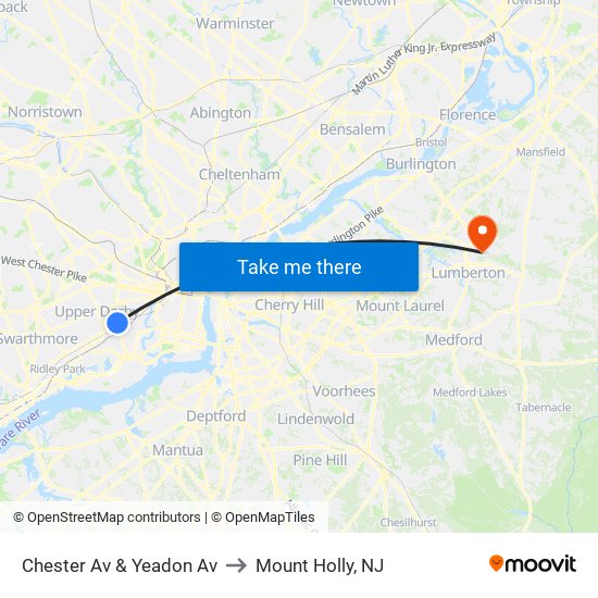 Chester Av & Yeadon Av to Mount Holly, NJ map