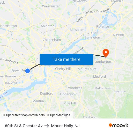 60th St & Chester Av to Mount Holly, NJ map