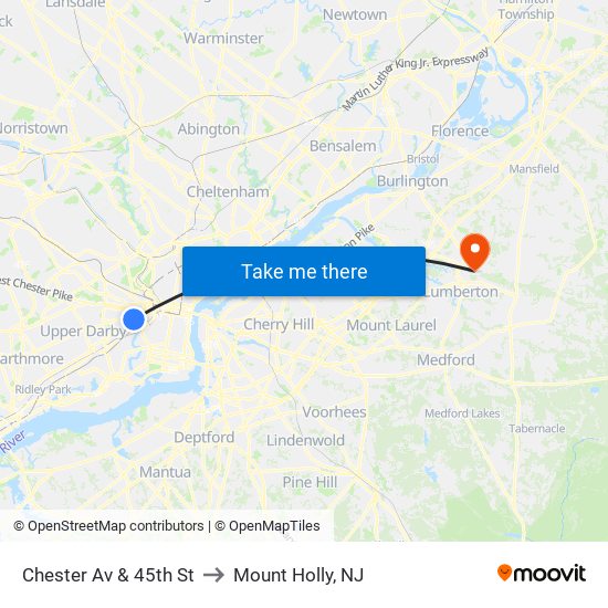 Chester Av & 45th St to Mount Holly, NJ map