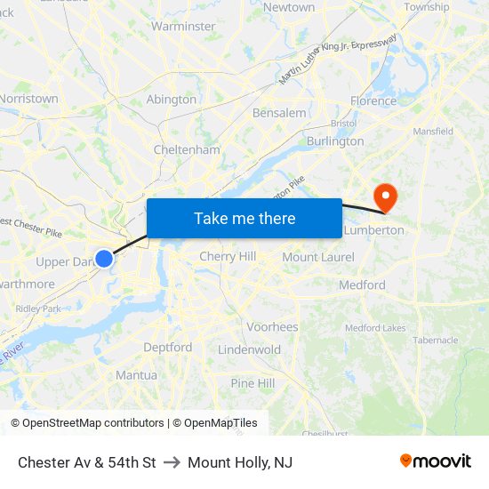 Chester Av & 54th St to Mount Holly, NJ map