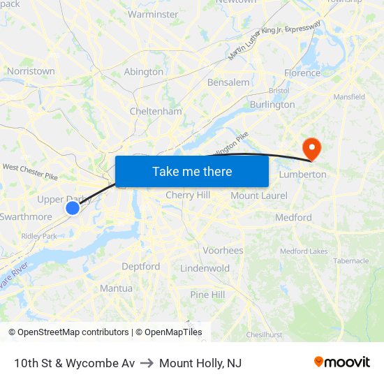 10th St & Wycombe Av to Mount Holly, NJ map