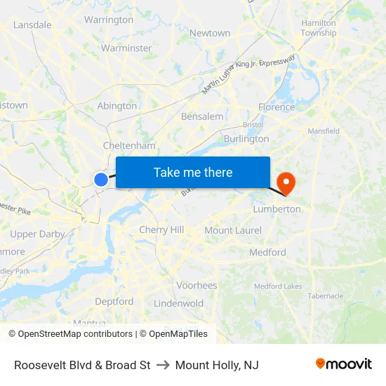 Roosevelt Blvd & Broad St to Mount Holly, NJ map