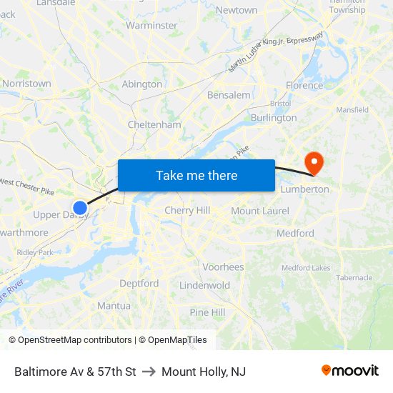 Baltimore Av & 57th St to Mount Holly, NJ map